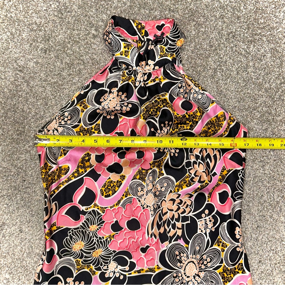 100% Silk Floral Halter High Neck Top Pink Black Gold 1960s Inspired Retro Print - Picture 6 of 6